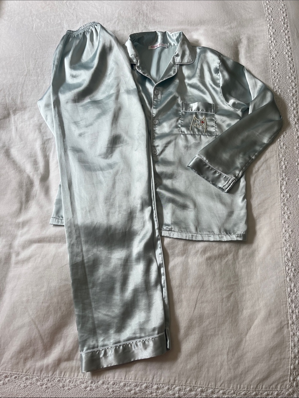 Topgal Satin-like Pajama Set with Embroidered Cat Design on Pocket, Size 12